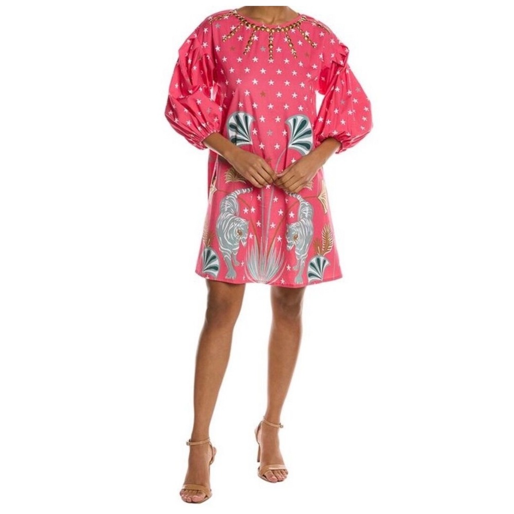 Sheridan French Pink Tiger Star Print Puff Sleeve Beaded Neck Dress Wome